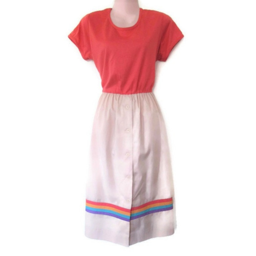 1980s vintage coral rainbow dress size medium 6 8 - Picture 3 of 5